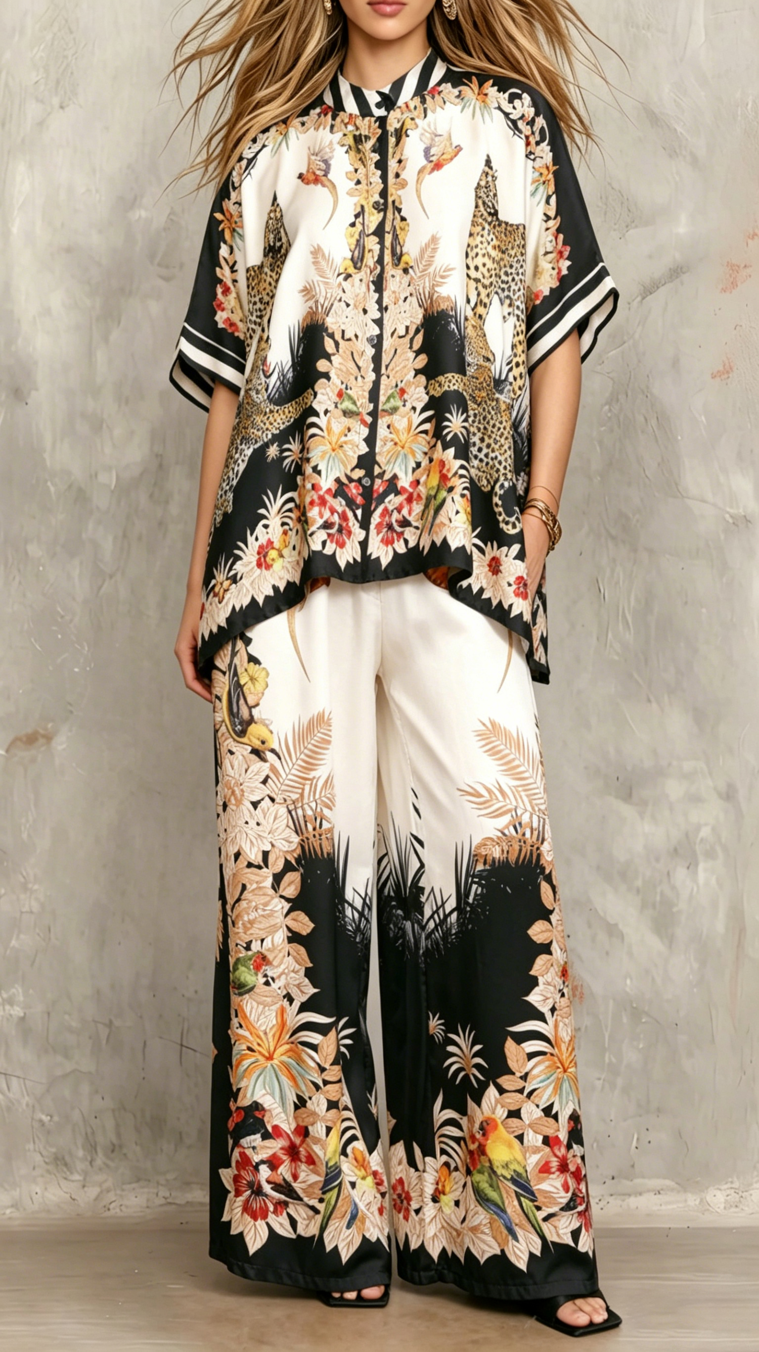 Two-piece casual satin printed bat sleeve set for ladies - Nordfashionstorm - Women's Clothing, Fashion for You - Nordfashionstorm.com