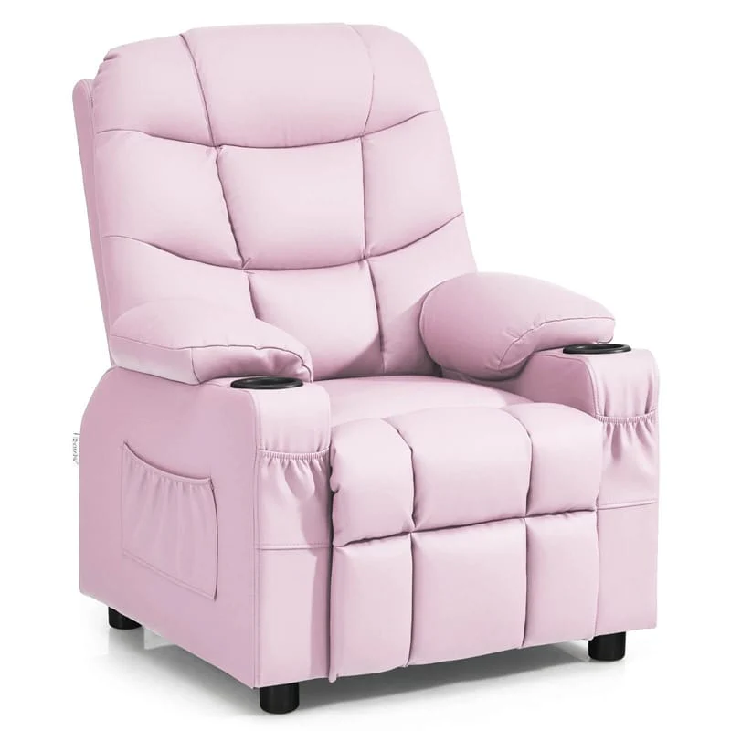 Kids Recliner Chair PU Leather Adjustable Lounge Sofa with Cup Holder, 3 Pockets & Retractable Footrest, Ergonomic Toddler Furniture Sofa