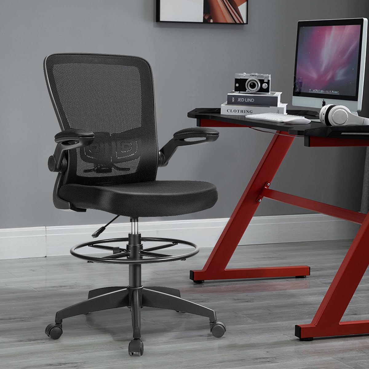 BEFOUNDLOVELY Drafting Chair, Ergonomic Tall Office Chair with Thick Cushion, Flip-up Armrest, Adjustable Back Support & Footrest