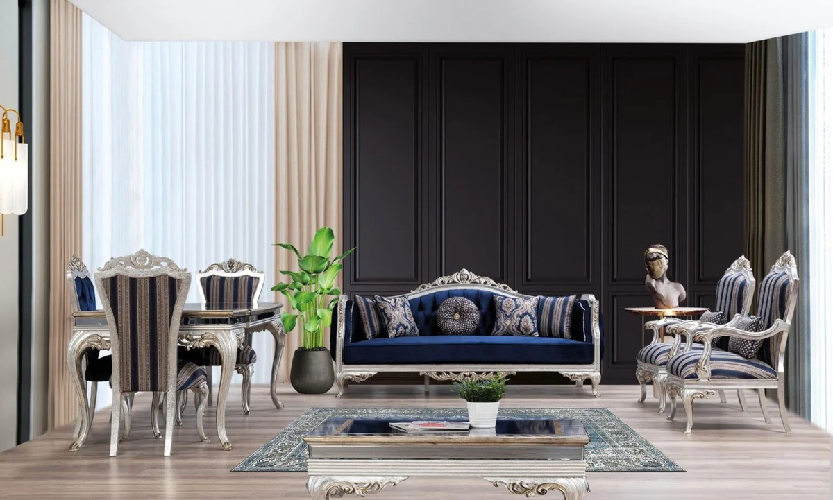 Luxury Baroque Living Room Set Blue / Silver / Gold - 2 Sofas & 2 Armchairs & 1 Coffee Table - Living Room Furniture in Baroque Style - Noble & Magnificent