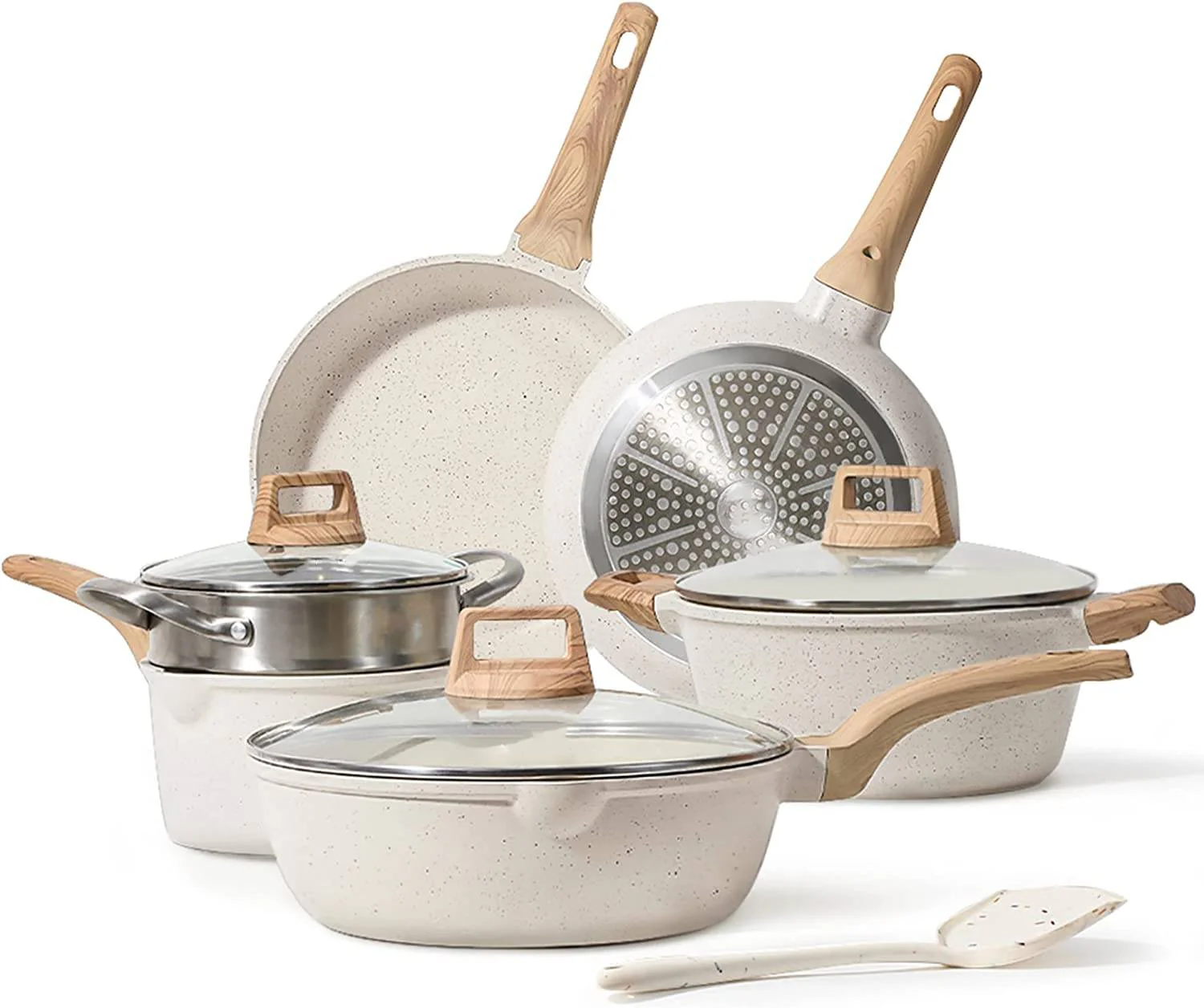 Pots and Pans Set Non-Stick White Granite Induction Kitchen Cookware Sets 10 Piece Non-Stick Cooking Set with Frying Pans and Pots (PFOS, PFOA Free)