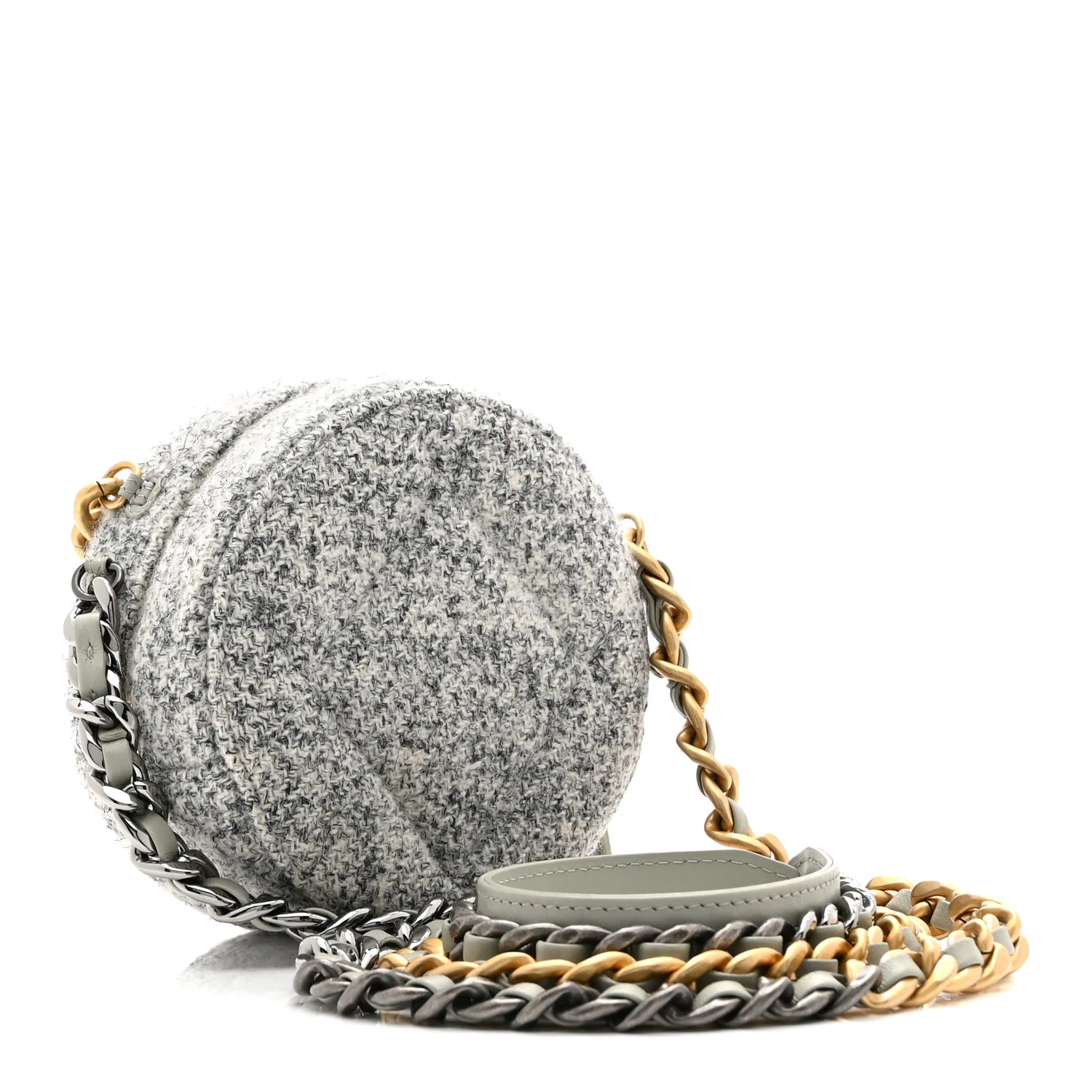 Wool Tweed Lambskin Quilted Chanel 19 Round Clutch With Chain Grey Ecru - Top Club