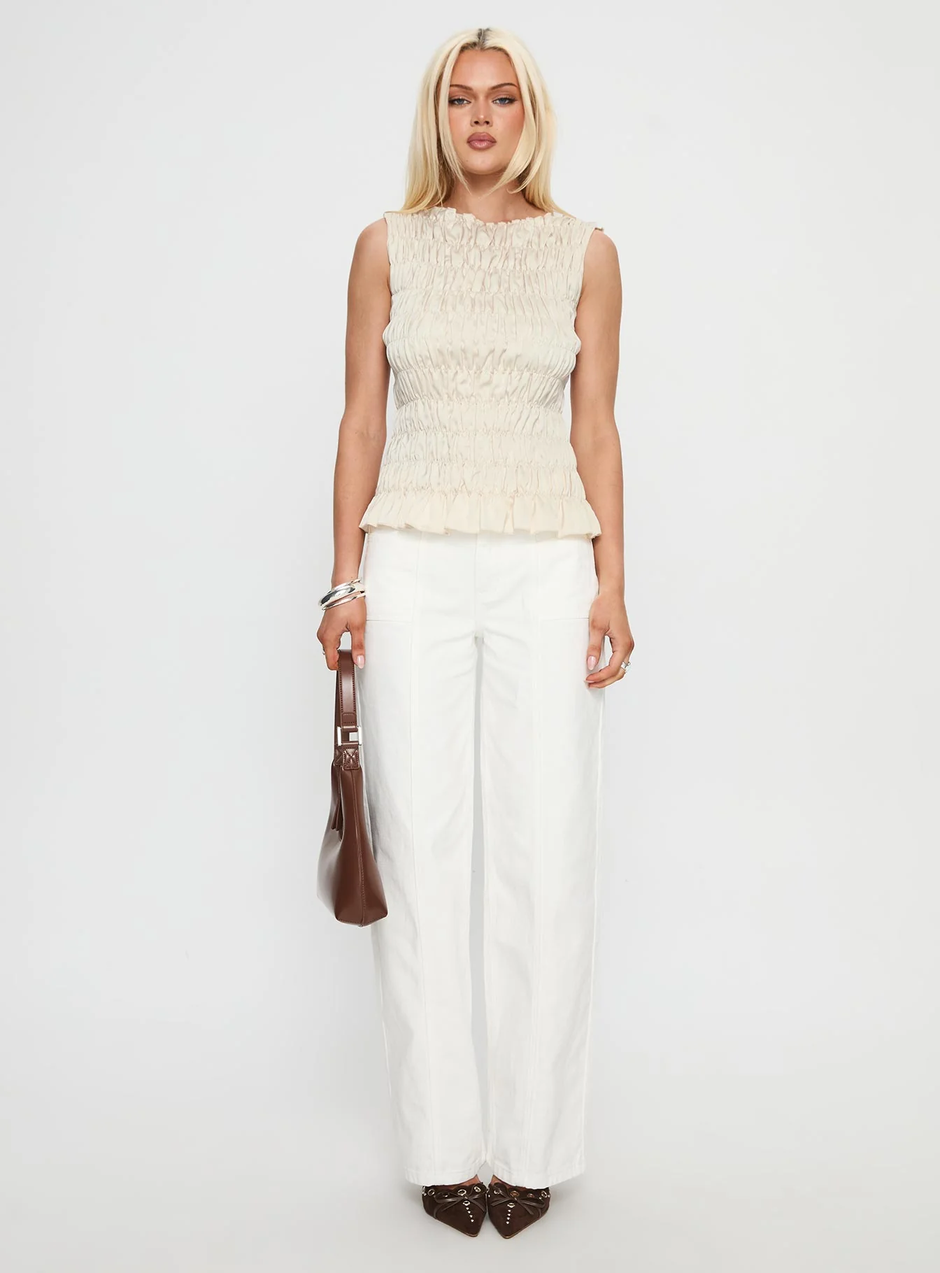 Elenir Shirred Top Beige