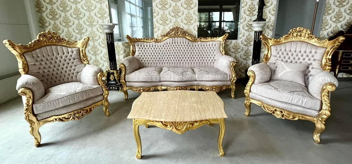 Baroque living room set gray pattern / gold - 1 baroque sofa & 2 baroque armchairs - living room furniture in baroque style - baroque furniture - baroque living room furnishings