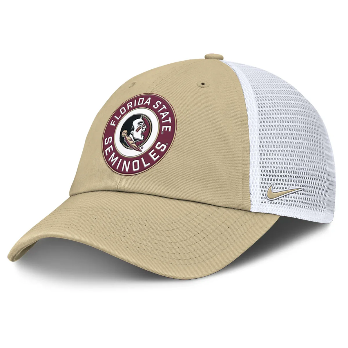 Nike Men's Seminole Logo/Florida State Seminoles Rubberized Patch Adjustable Unstructured Trucker Hat - Vegas Gold - MoB Apparel