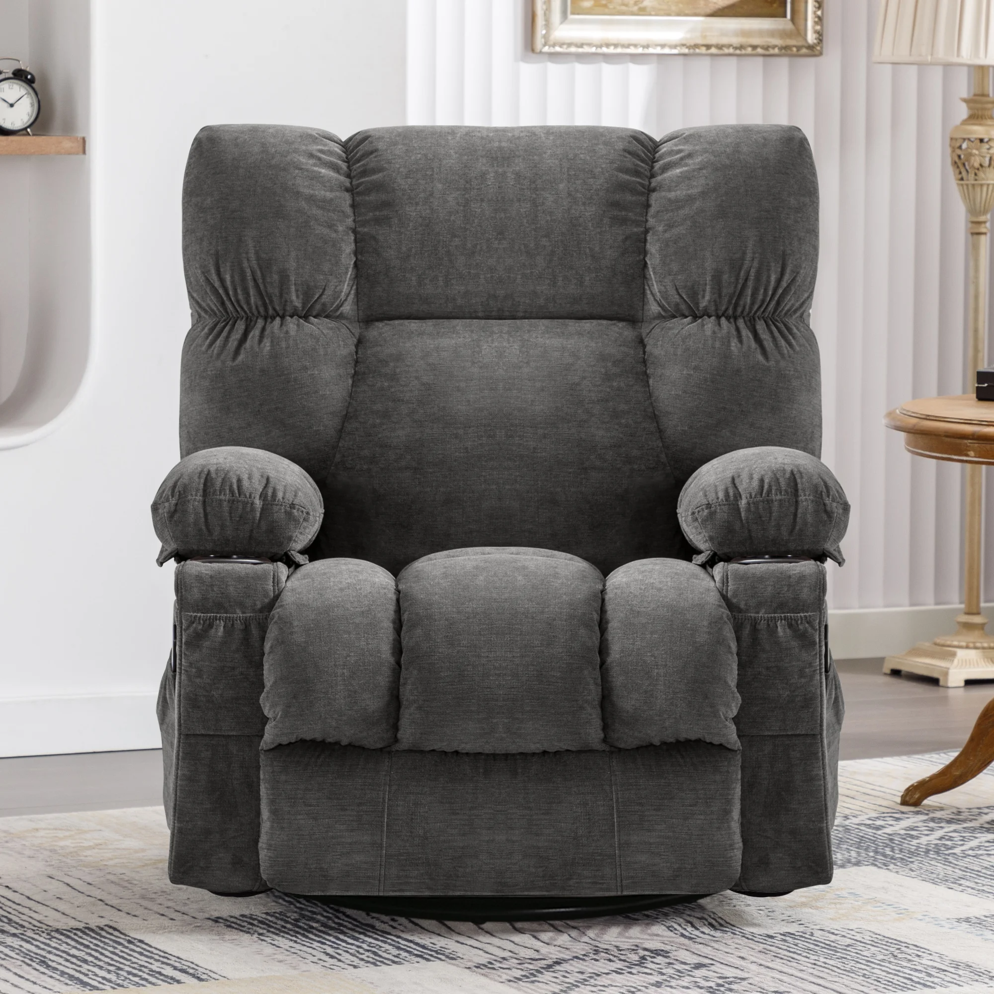 JONPONY Manual Recliner Chair with Heat Therapy and Massage Function, Heavy Duty Reclining Mechanism Massage Chair, Elderly Single Rocker Sofa with Cup Holders for Bedroom Home Theater, Grey