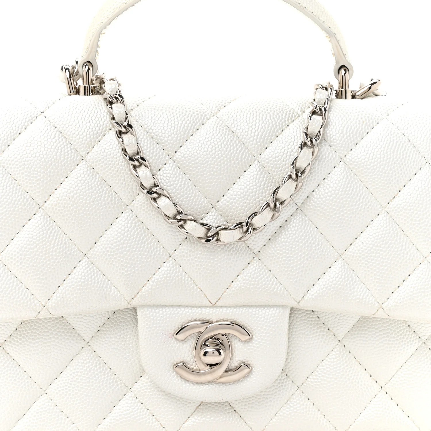 Metallic Caviar Quilted Mini Top Handle Rectangular Flap White - Top Club