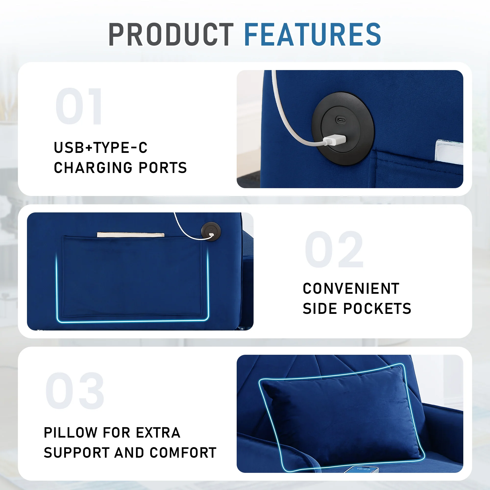 Lunale 3 - in - 1 Convertible Sleeper Chair Bed, Indoor Lounge Chair with USB/Type - C Charging Ports, Modern Recliner Sofa for Living Room, Gray Velvet