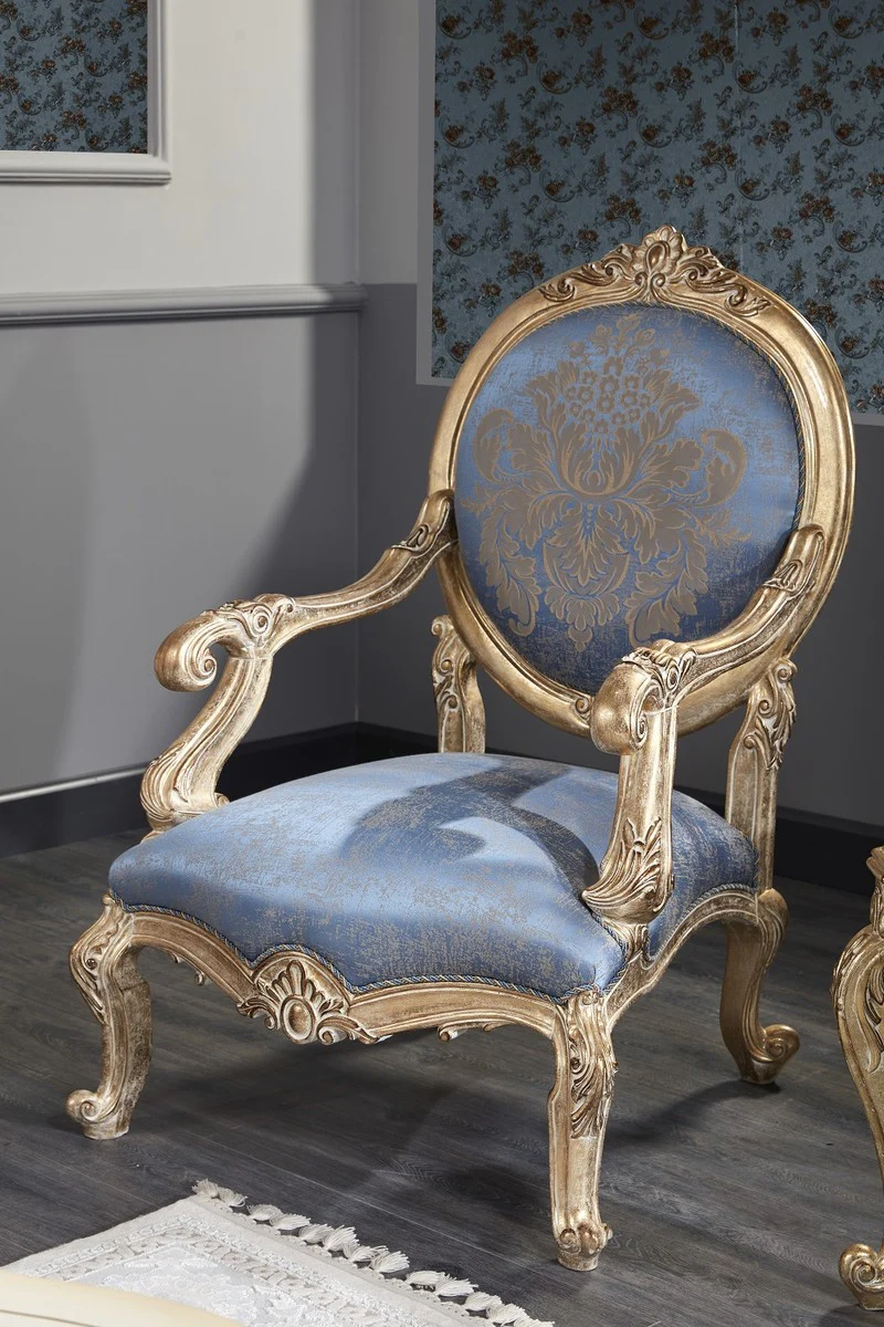 Luxury Baroque Living Room Set Light Blue / White / Antique Gold - 2 Sofas & 2 Armchairs & 1 Coffee Table & 2 Side Tables - Baroque Living Room Furniture - Noble & Magnificent