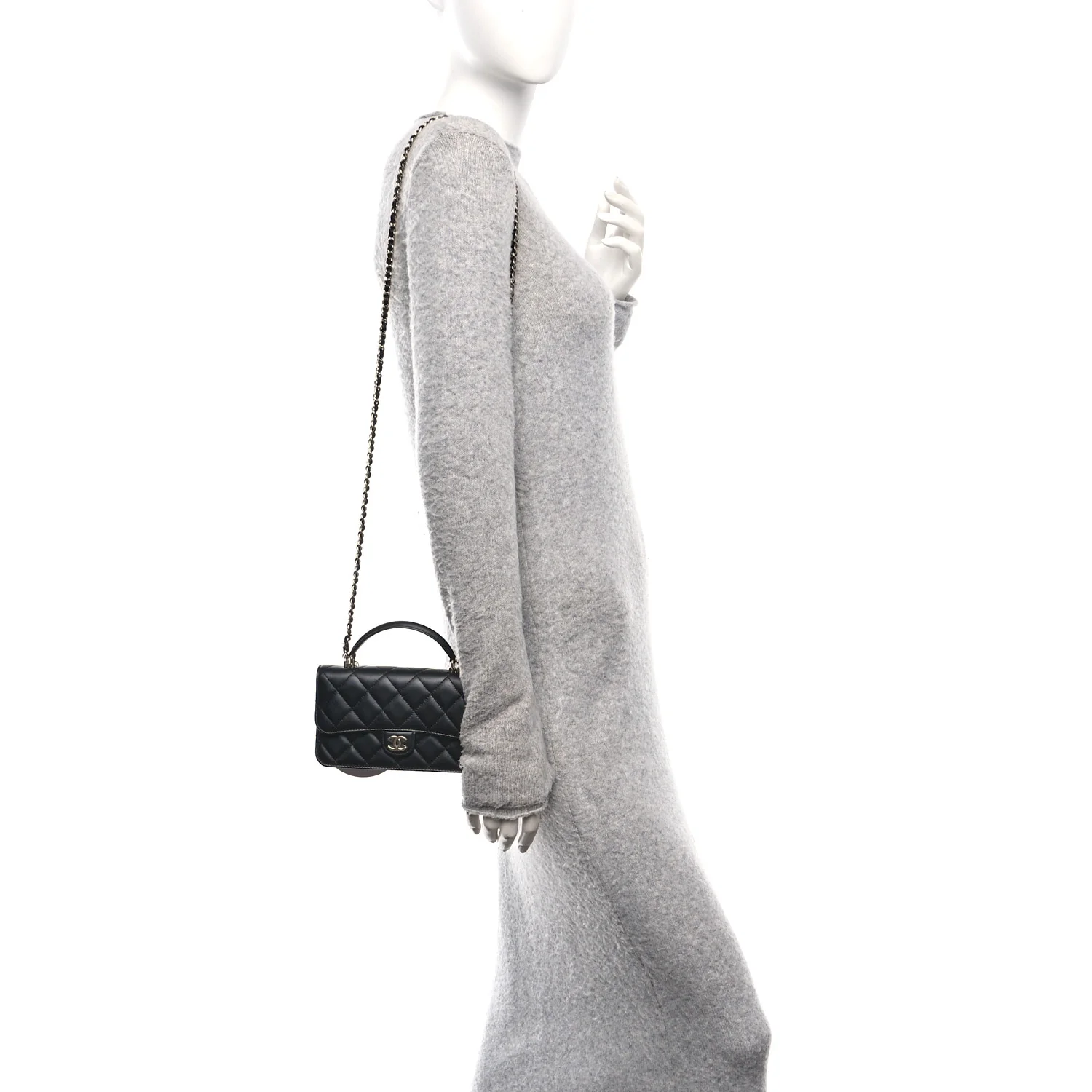 Lambskin Quilted Flap Phone Holder With Chain Black