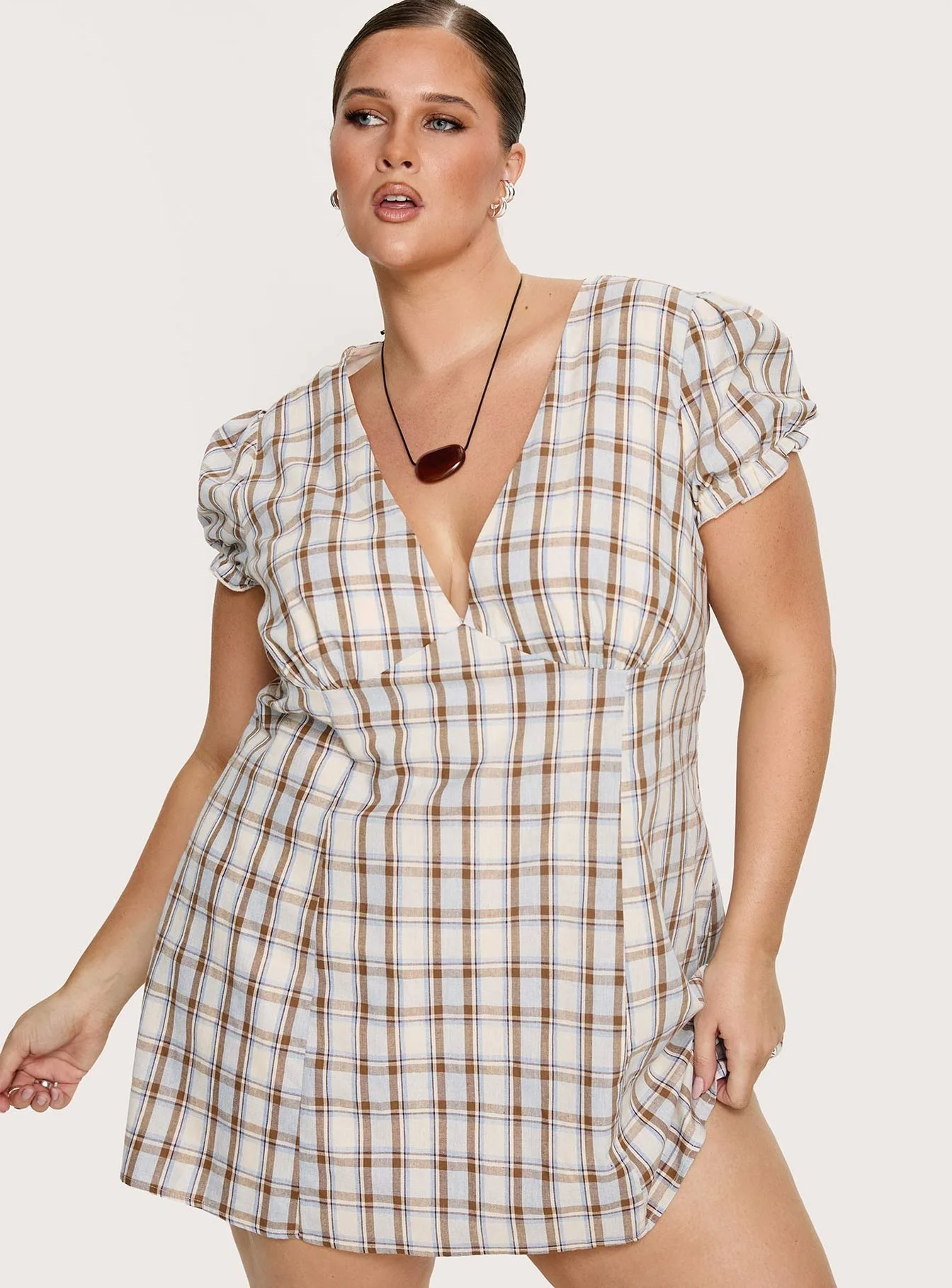 Mystee Plunge Neck Playsuit Blue Check Curve