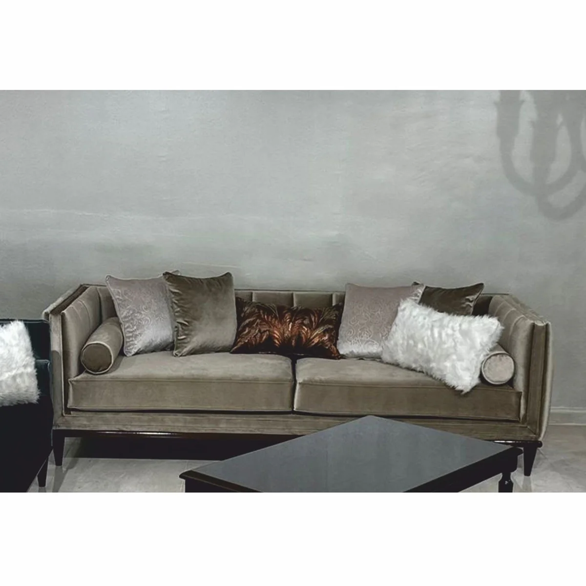 Luxury Art Deco Velvet Sofa Olive Green / Dark Brown 235 cm - Living Room Furniture