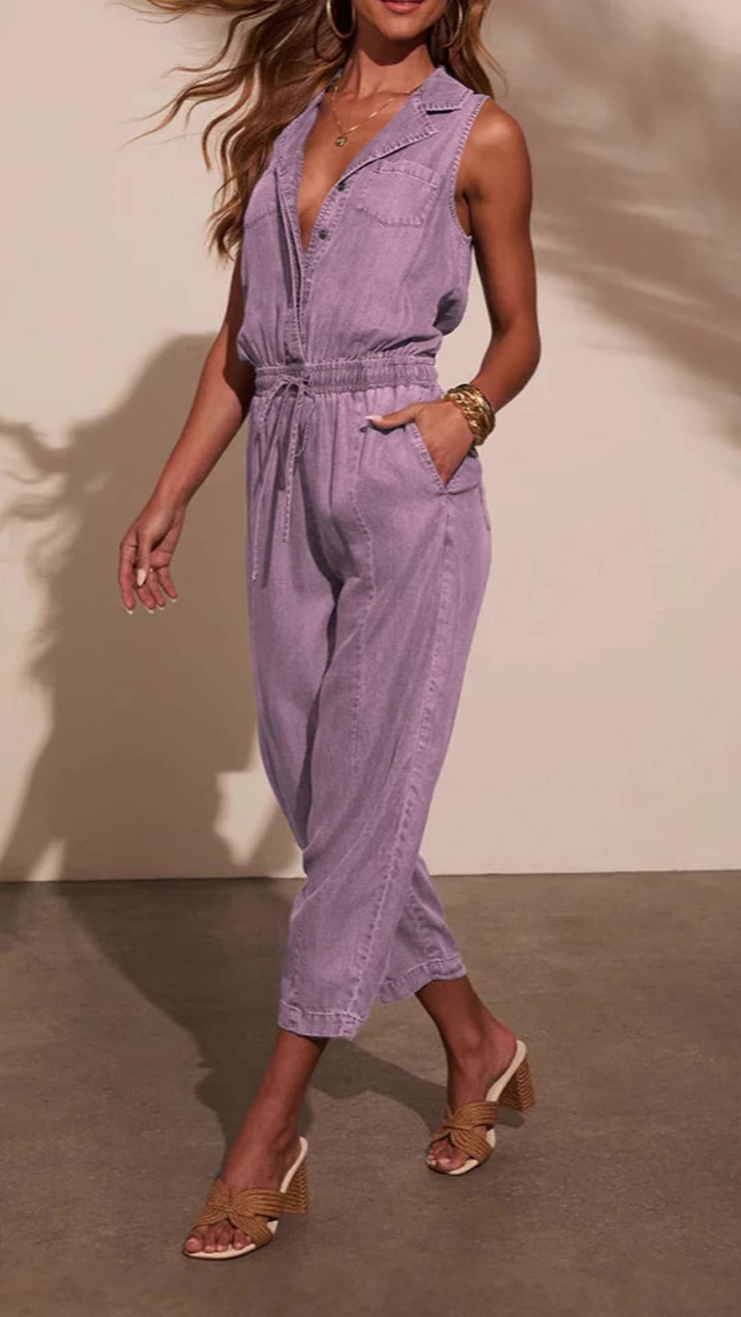 Women's Sleeveless Lapel Denim Waist‑Cinch Cropped Jumpsuit - Nordfashionstorm - Women's Clothing, Fashion for You - Nordfashionstorm.com