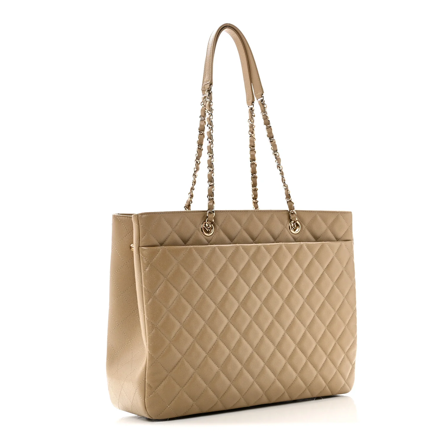 Caviar Quilted Large Shopping Tote Dark Beige - Top Club