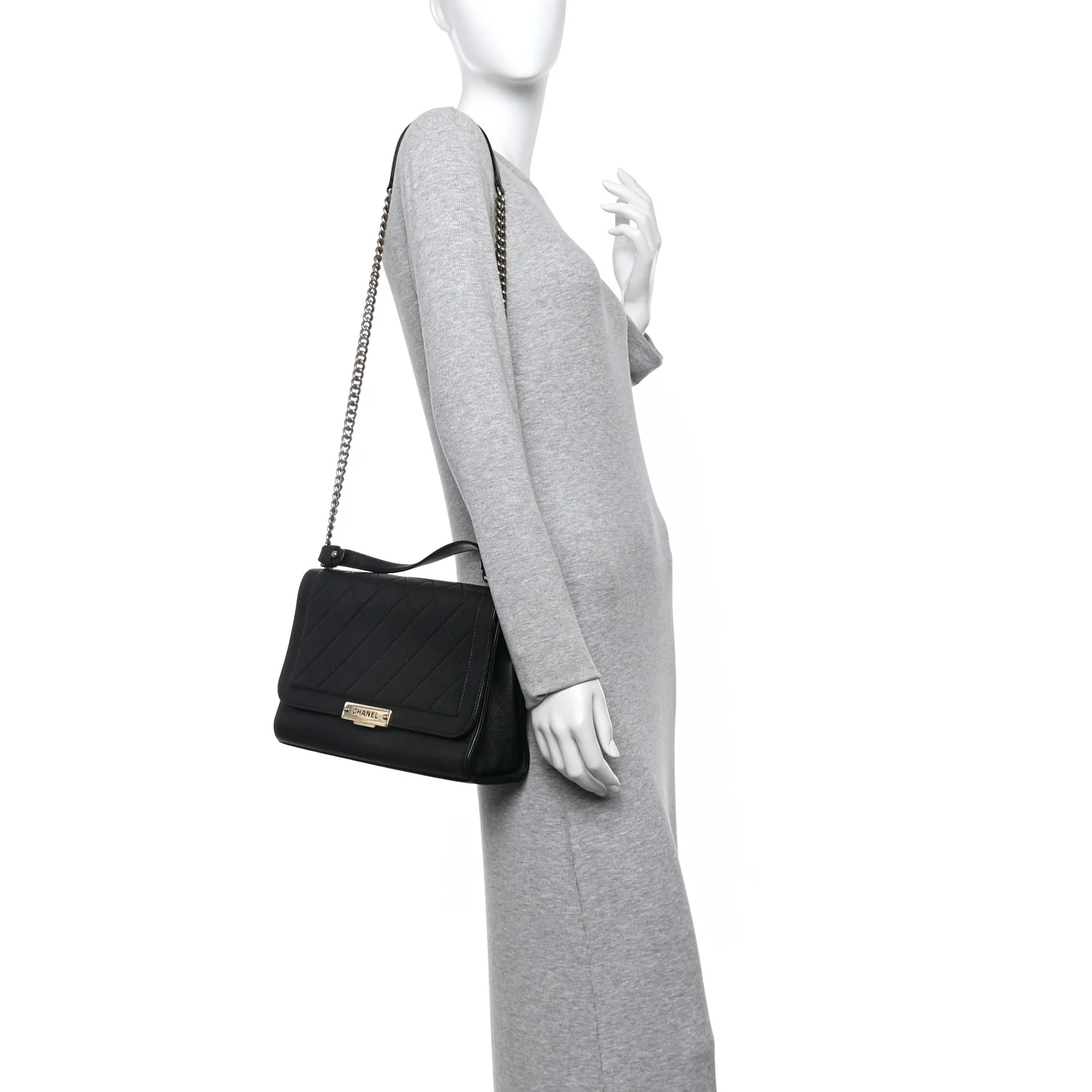 Grained Calfskin Quilted Large Label Click Flap Bag Black