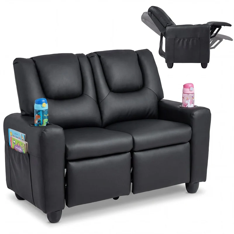 2-Seater Kids Recliner, PU Leather Reclining Loveseat with Cup Holders & 2 Side Storage Pockets, Adjustable Double Toddler Sofa for Boys Girls