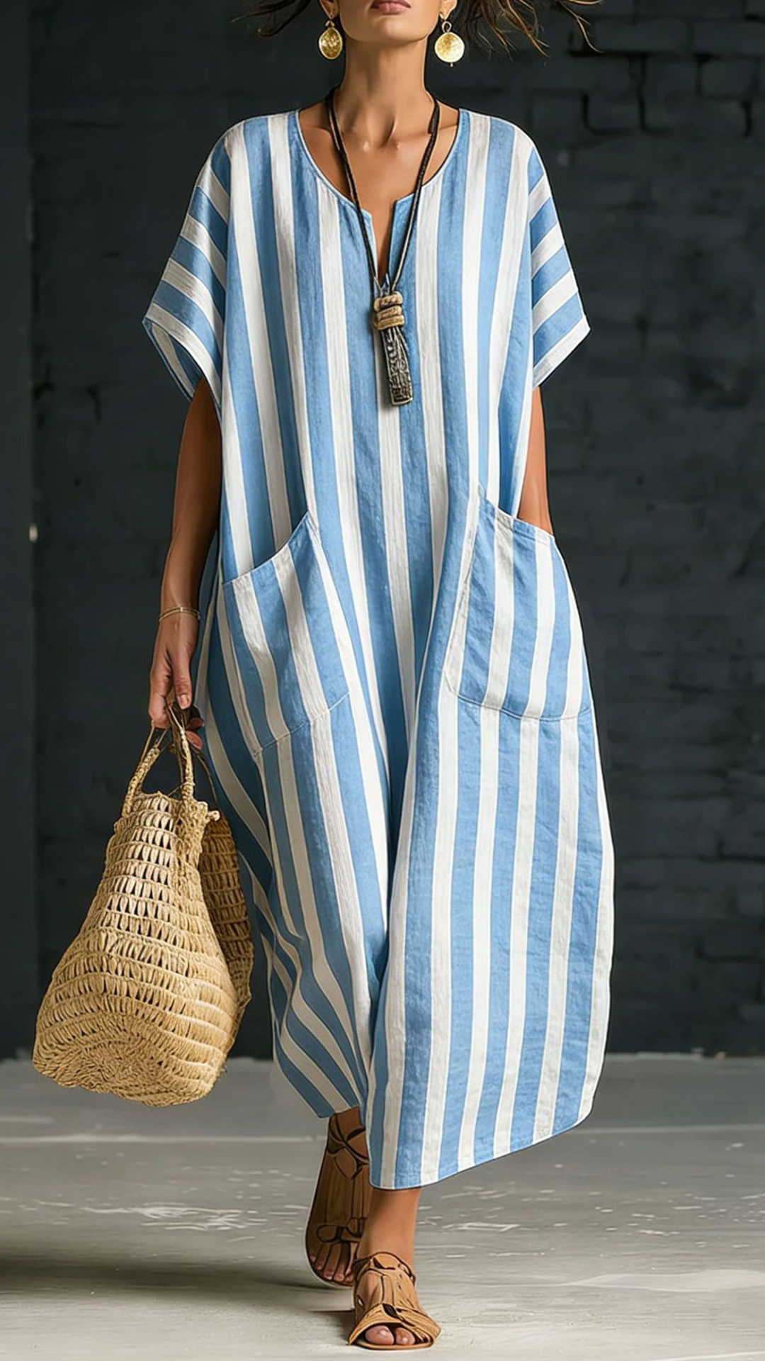 Women's Cotton-Blend Blue and White Vertical Striped Loose Dress - Nordfashionstorm - Women's Clothing, Fashion for You - Nordfashionstorm.com