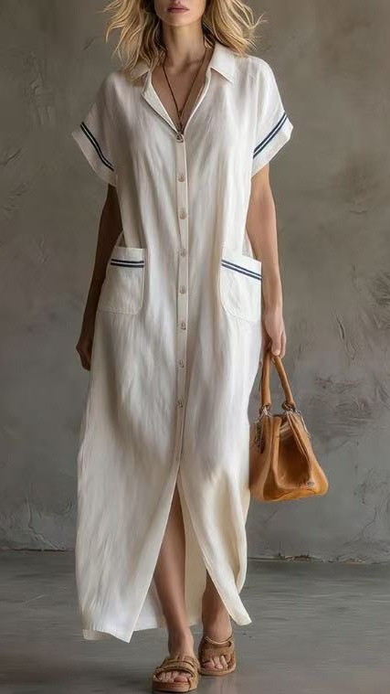 Women's Elegant Commuter-Style Short-Sleeve Color-Block Loose Long Shirt Dress - Nordfashionstorm - Women's Clothing, Fashion for You - Nordfashionstorm.com