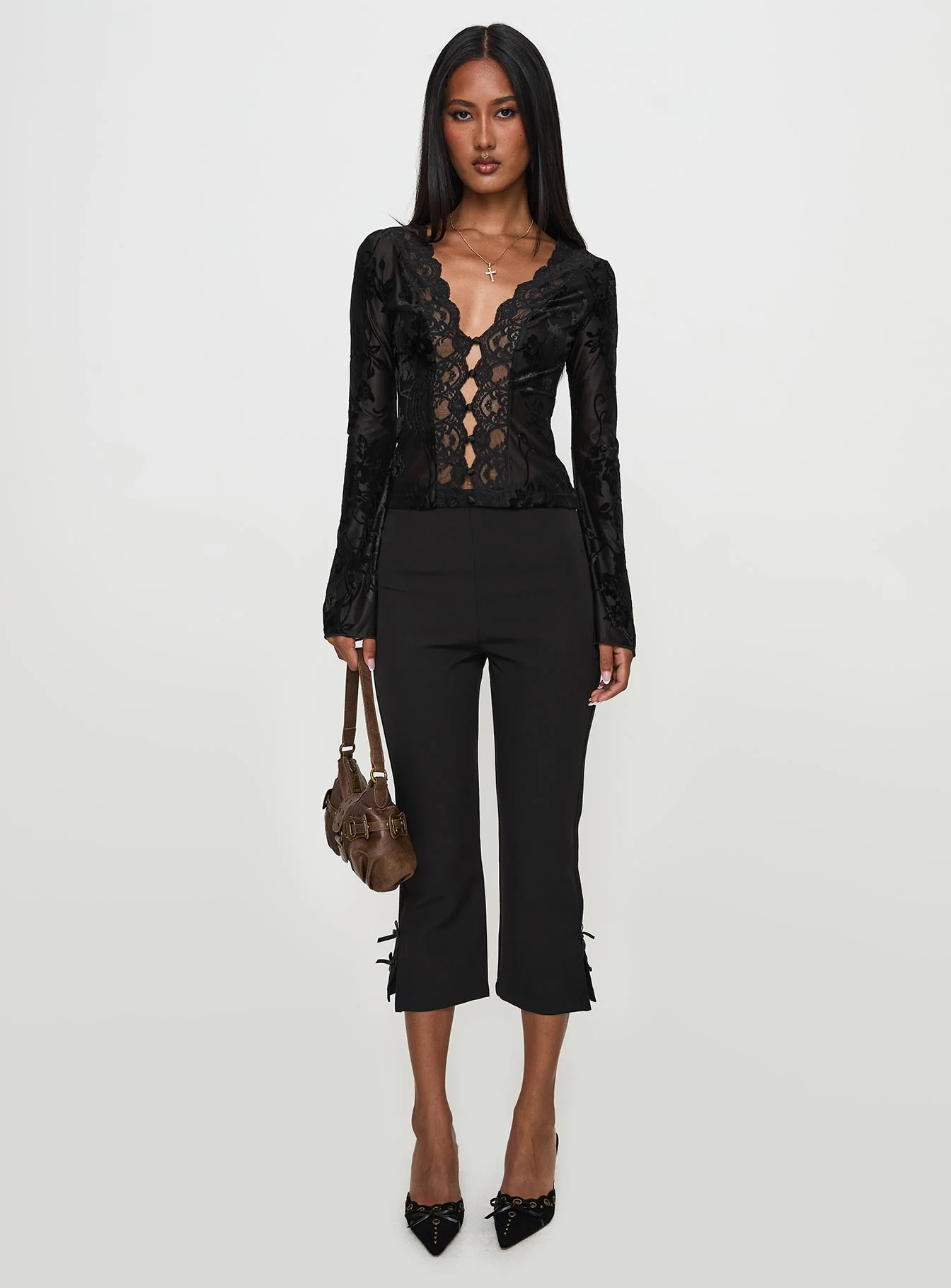 Find An Angel Long Sleeve Lace Trim Top Black