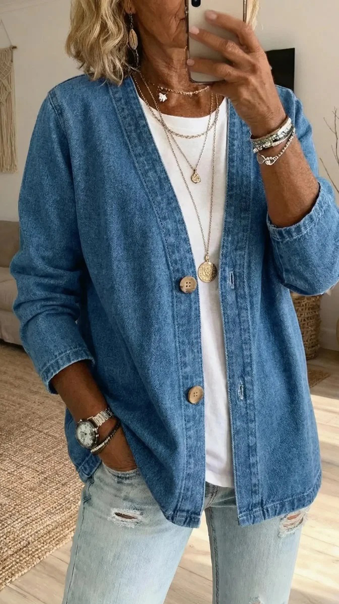 Women's Polyester Denim-Like V-Neck Cardigan - Nordfashionstorm - Women's Clothing, Fashion for You - Nordfashionstorm.com