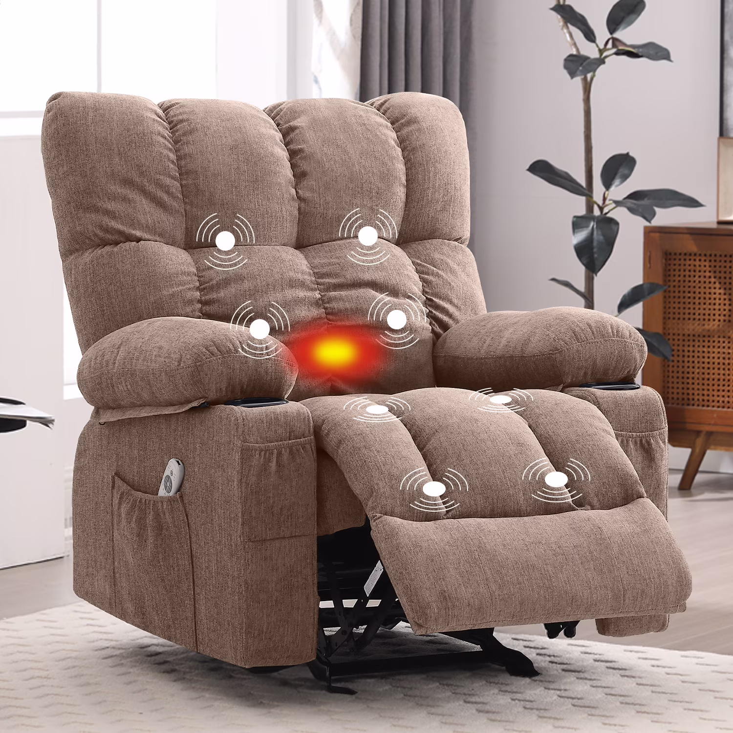 JONPONY Manual Recliner Chair with Heat Therapy and Massage Function, Heavy Duty Reclining Mechanism Massage Chair, Elderly Single Rocker Sofa with Cup Holders for Bedroom Home Theater, Grey