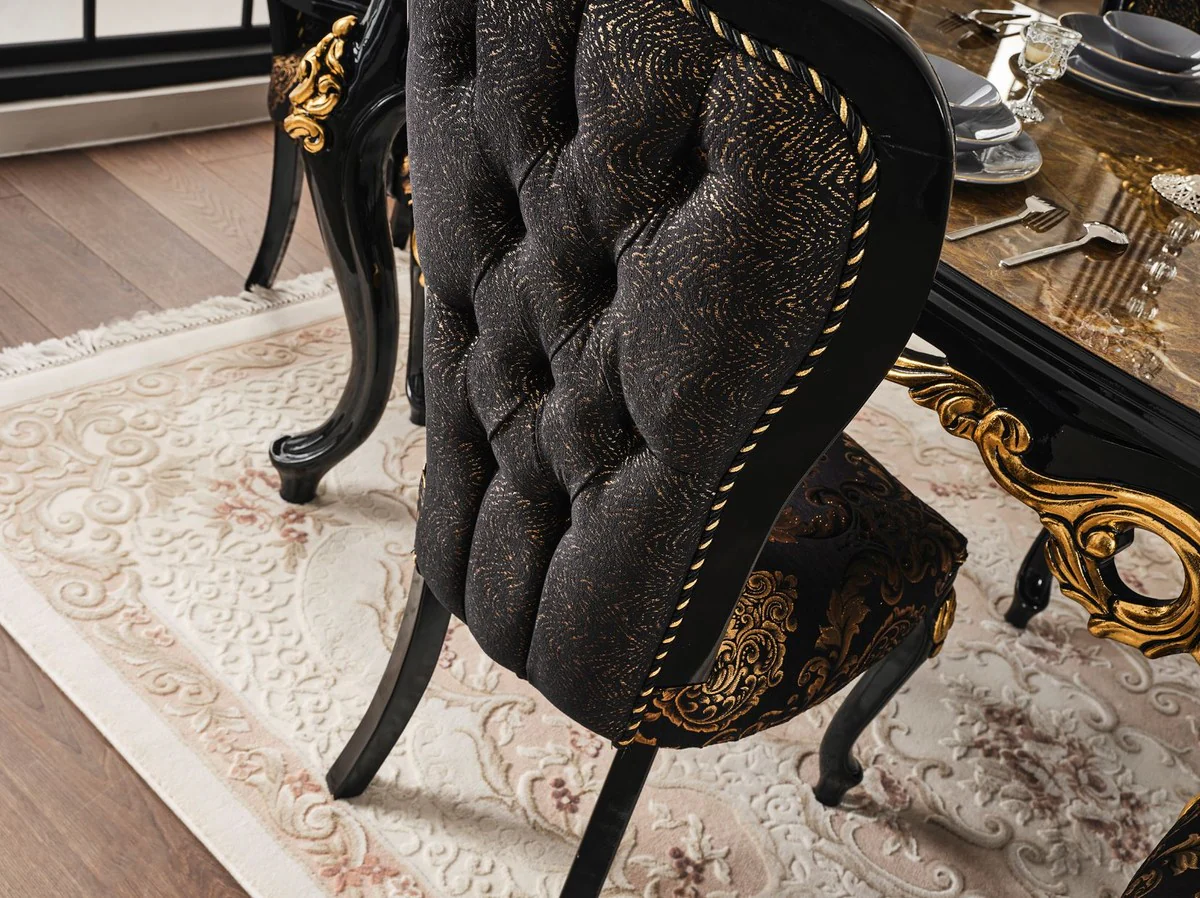 Luxury baroque dining room set brown / black / gold - 1 dining table with table top in marble look & 6 dining chairs - magnificent dining room furniture in baroque style