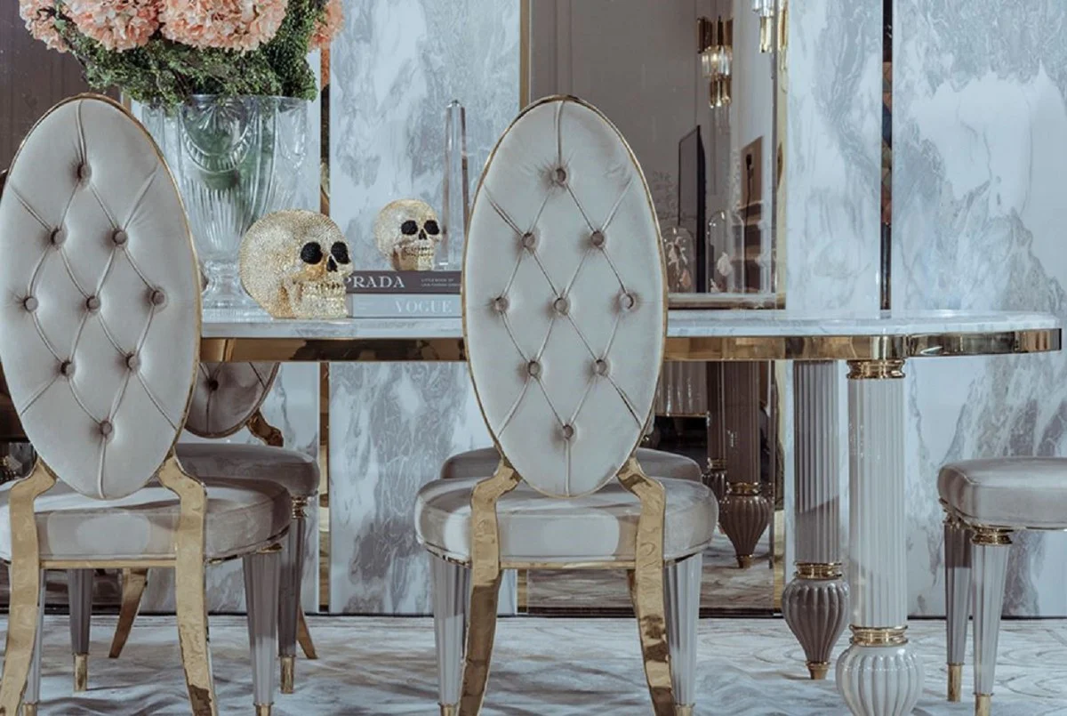 Luxury Art Deco dining room set gray / white / gold - 1 Art Deco dining table with artificial marble table top & 8 Art Deco dining room chairs - Magnificent Art Deco dining room furniture - luxury quality