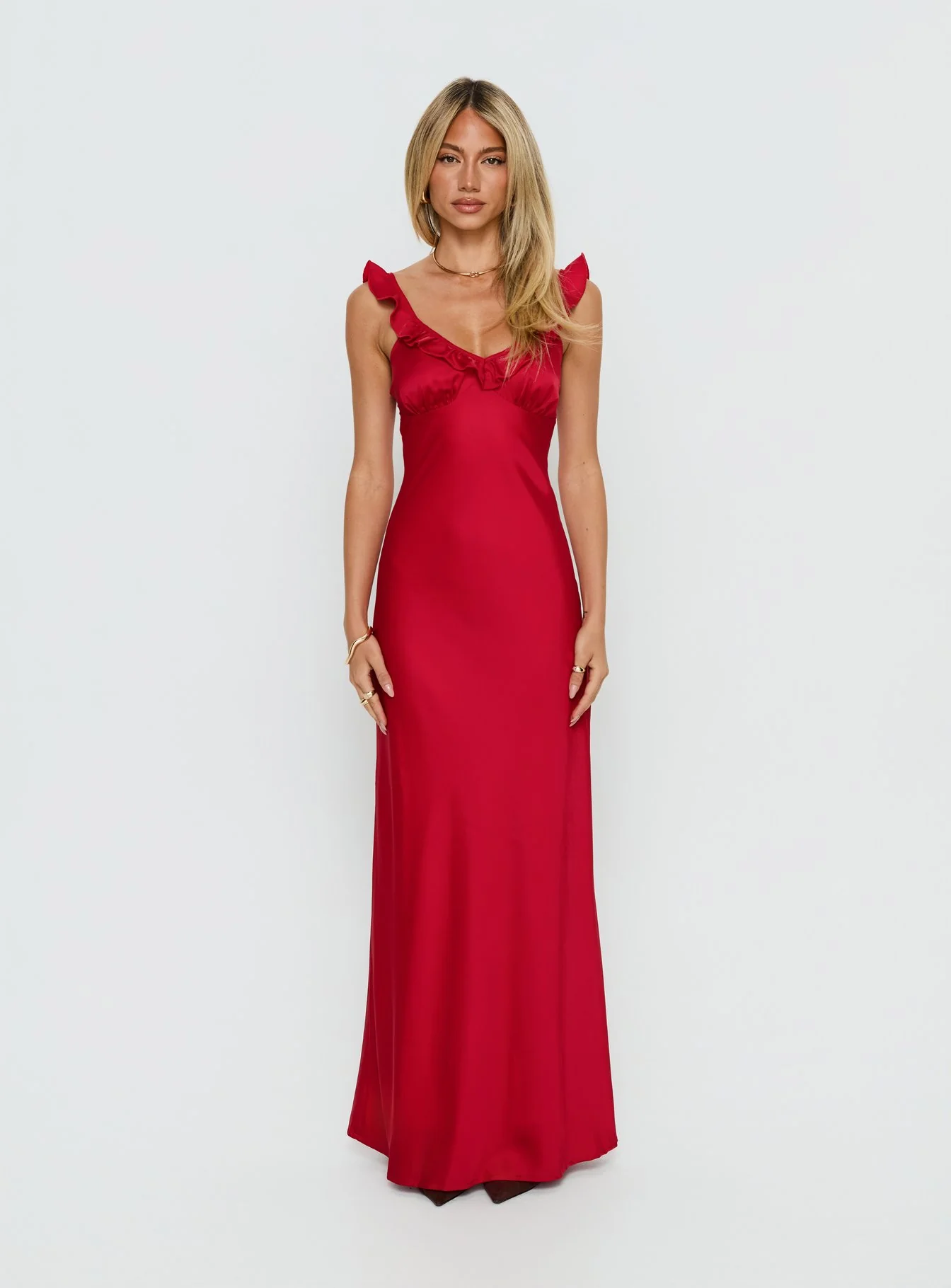 Ondrea Frill V Neck Maxi Dress Red