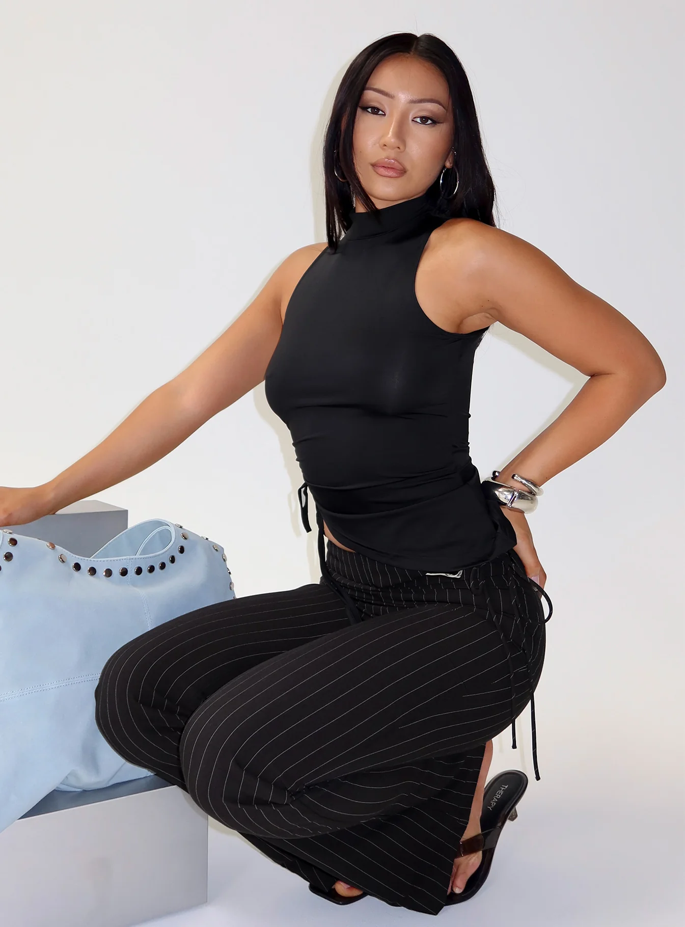 Saveria Tie Detail High Neck Top Black