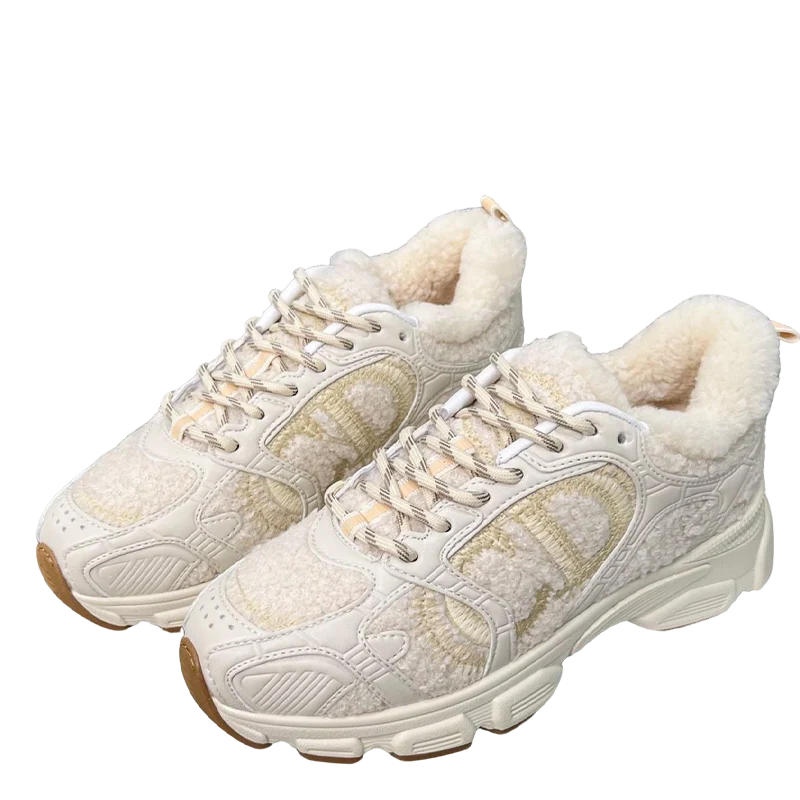 Women's Dior Cream - Colored Sneakers With Plush Fleece Details - Sneaker Replica Workshop