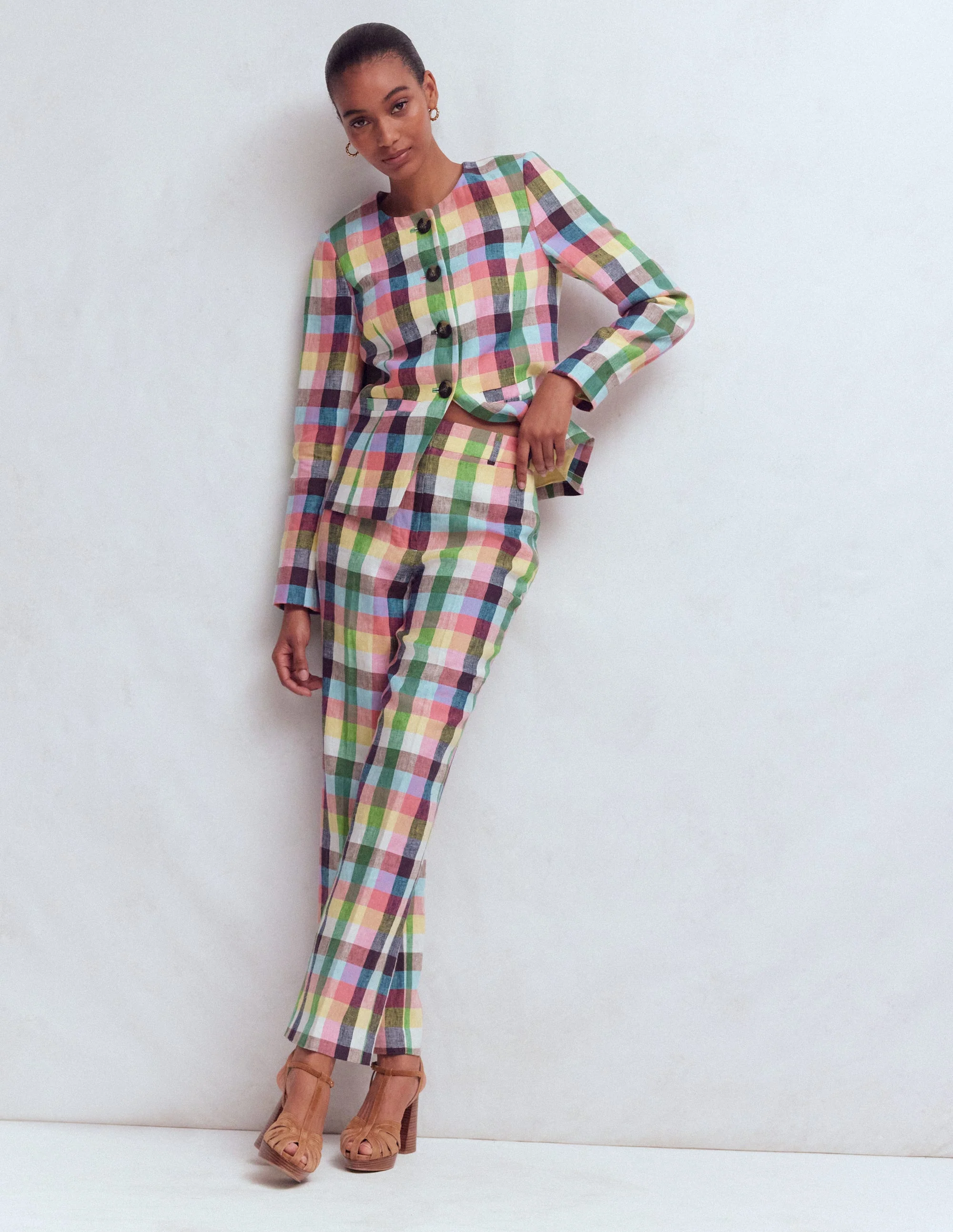 Canonbury Leinenhose-Sanftes Gelb, Rosa Buntes Vichykaro