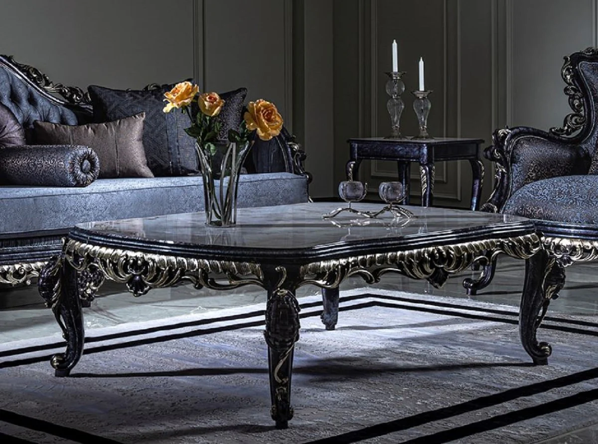 Luxury baroque living room set white / blue / gold - 2 sofas & 2 armchairs & 1 coffee table - magnificent living room furniture in baroque style