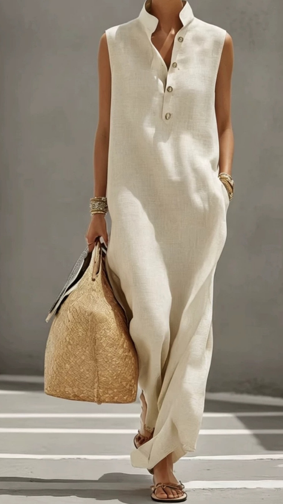 Loose-fitting stand-up collar button-down sleeveless long resort-style shirt dress - Nordfashionstorm - Women's Clothing, Fashion for You - Nordfashionstorm.com