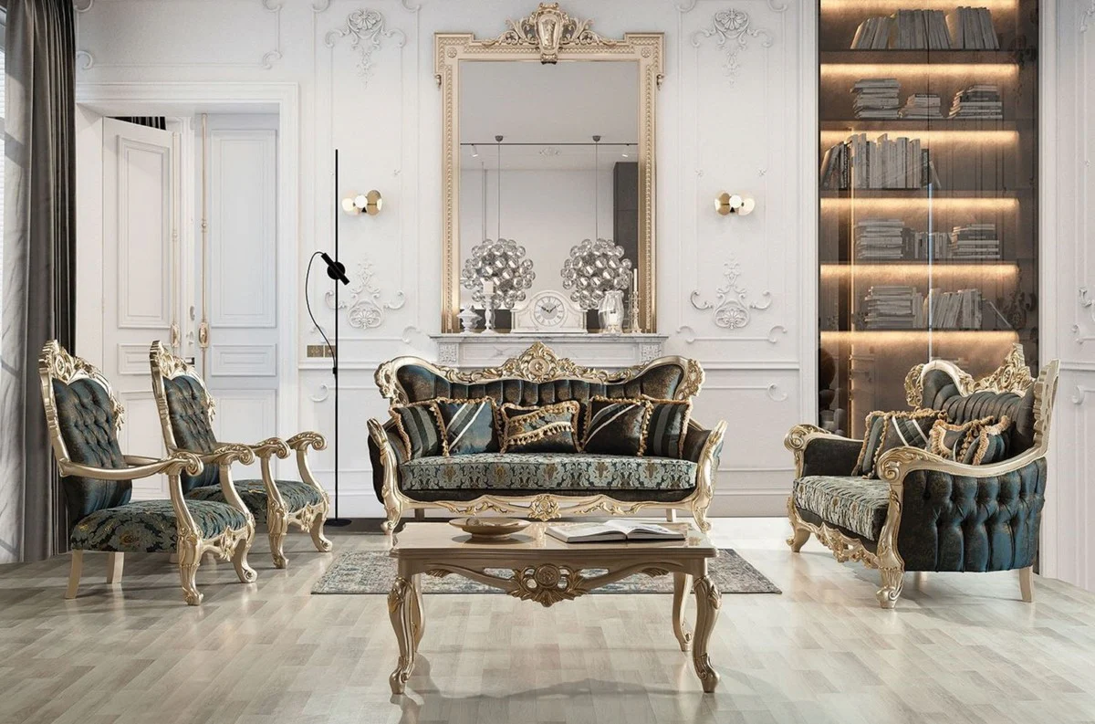 Luxury Baroque Sofa Dark Blue / Turquoise / Silver / Gold - Magnificent Living Room Sofa - Baroque Living Room Furniture - Noble & Magnificent