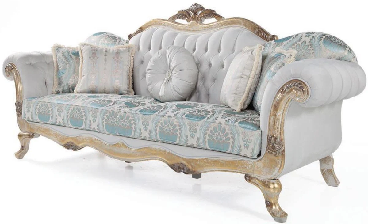 Luxury baroque velvet sofa with cushions gray / turquoise / antique gold 252 x 82 x H. 115 cm - living room furniture in the baroque style