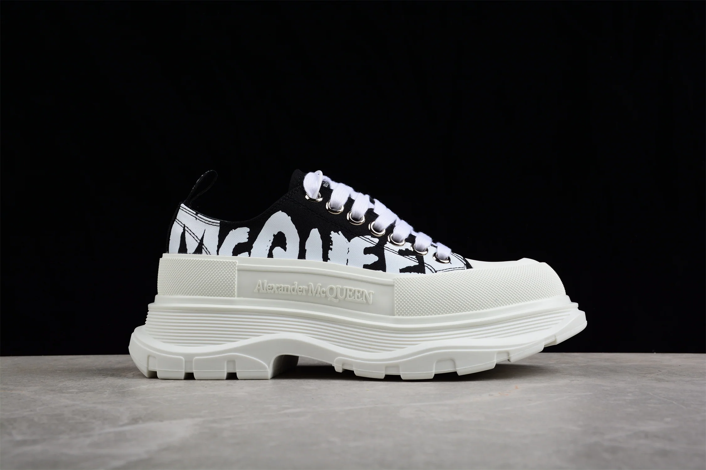 Alexander McQueen Tread Slick Low Lace-Up – Canvas Graffiti Black/White - Sneaker Replica Workshop