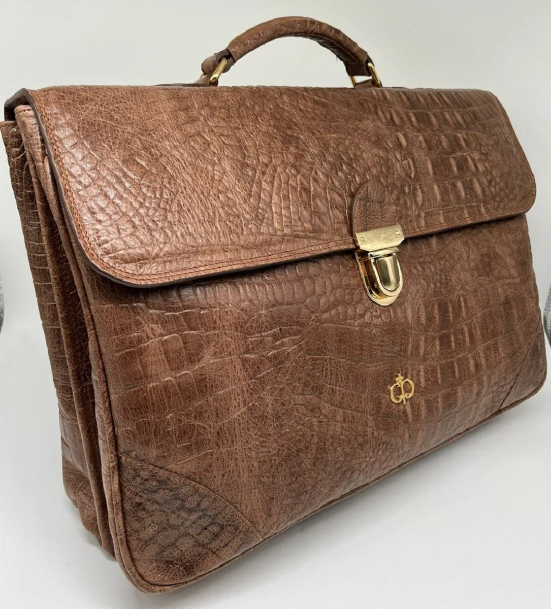 Luxury genuine leather men's briefcase in crocodile look brown / gold 42 cm - Made in Italy