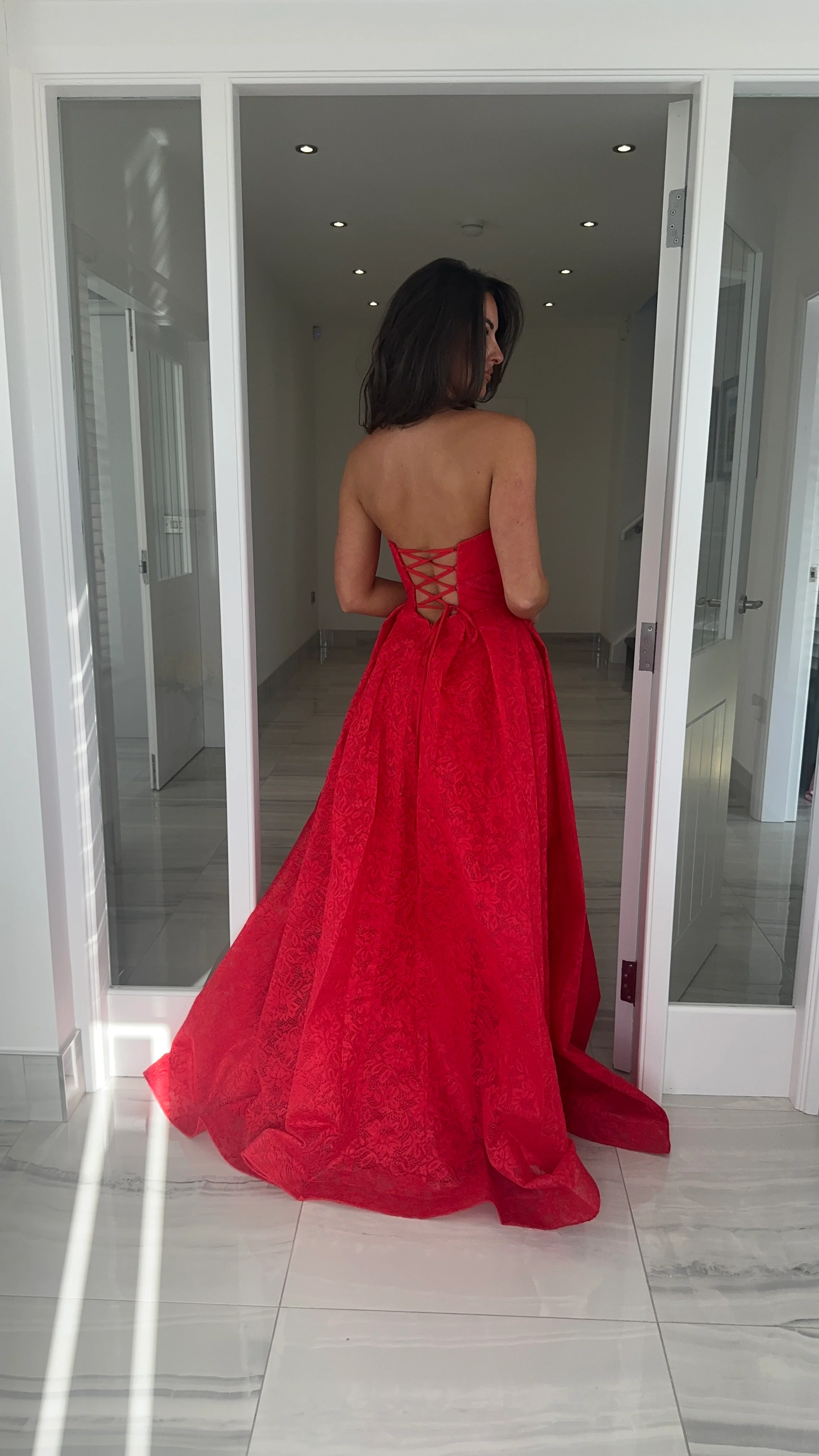 Red Lace Strapless Ball Gown