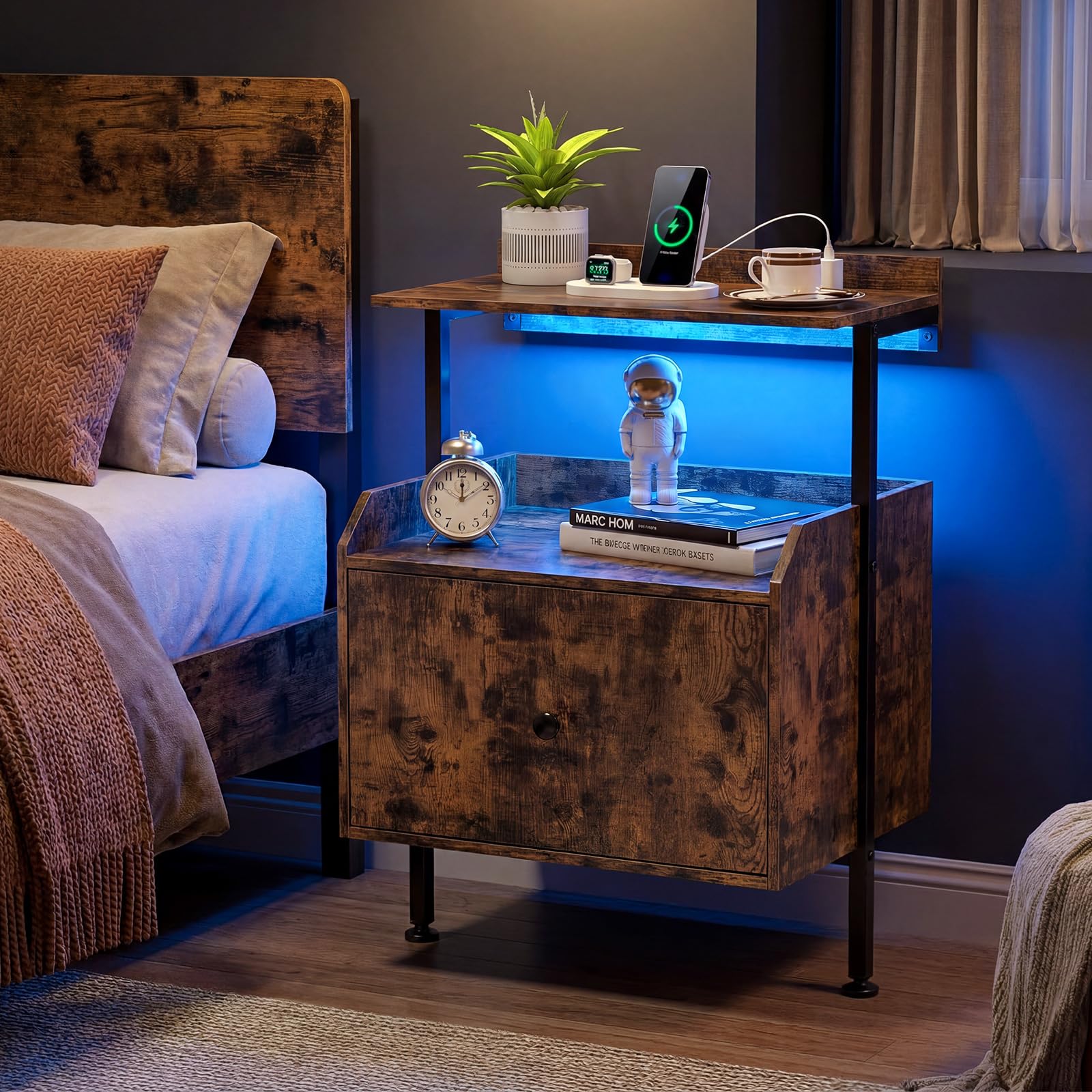 BEFOUNDLOVELY Nightstand with LED Lights & Charging Station (21