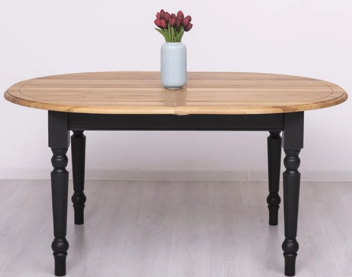 Country house style dining table natural colors / black 160-200 x 120 x H. 78 cm - Oval extendable solid wood kitchen table with oak table top - Dining room furniture in country house style