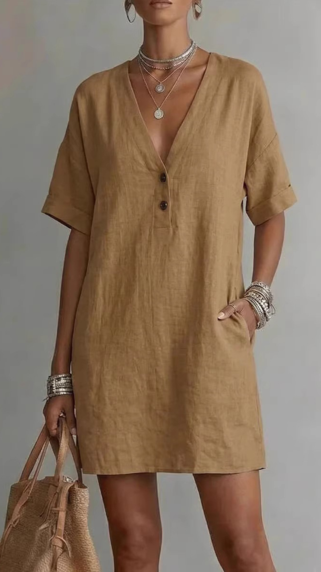 Women's Cotton-Blend Khaki V-Neck Short-Sleeve Loose Dress - Nordfashionstorm - Women's Clothing, Fashion for You - Nordfashionstorm.com