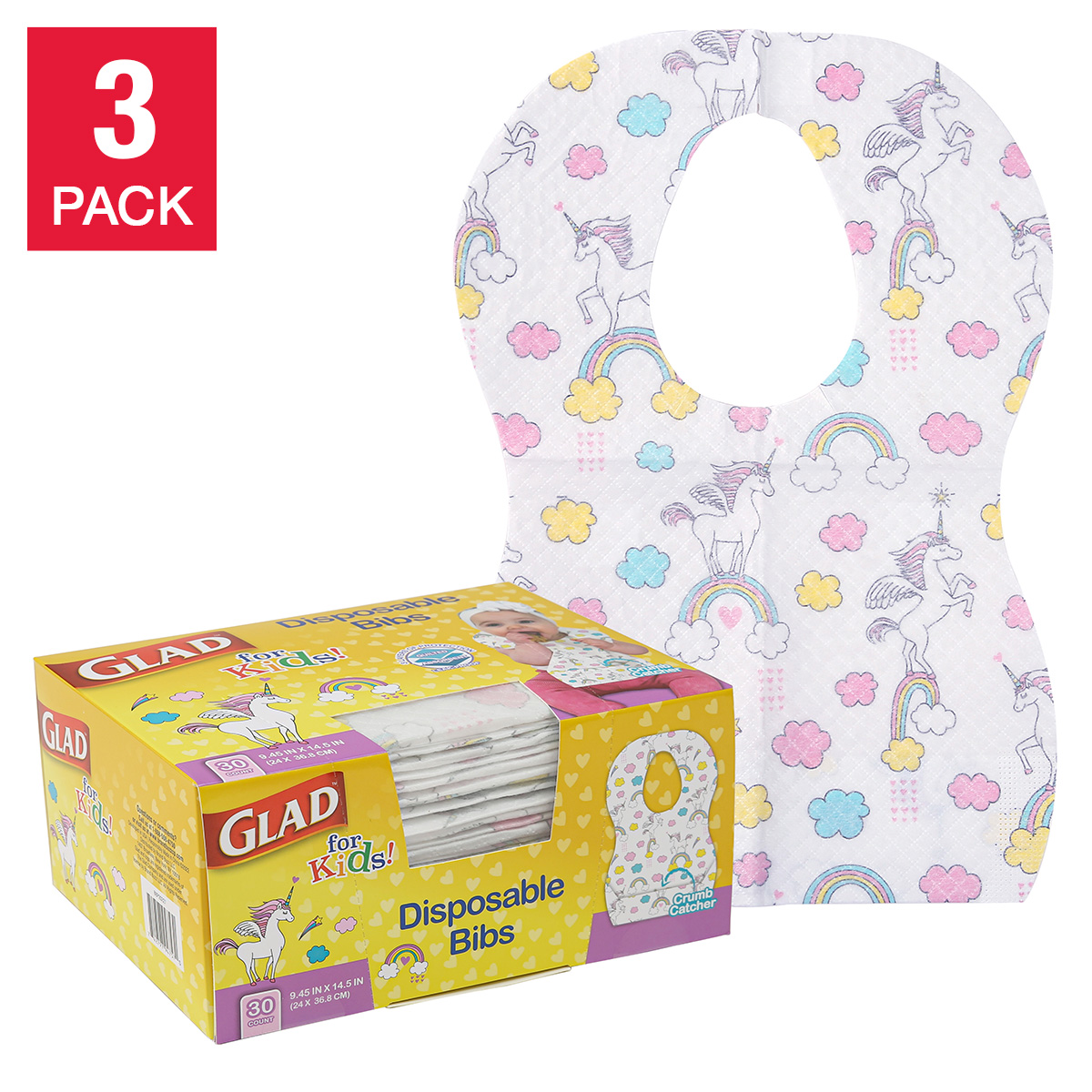 Glad for Kids Disposable Bibs, Unicorns, 90-count