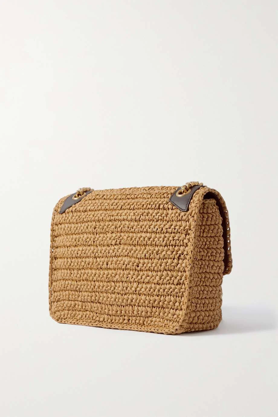 SAINT LAURENT Niki medium leather-trimmed raffia shoulder bag Cream - Top Club