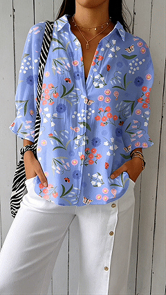 Women's Blue Floral Print Polyester Shirt - Nordfashionstorm - Women's Clothing, Fashion for You - Nordfashionstorm.com