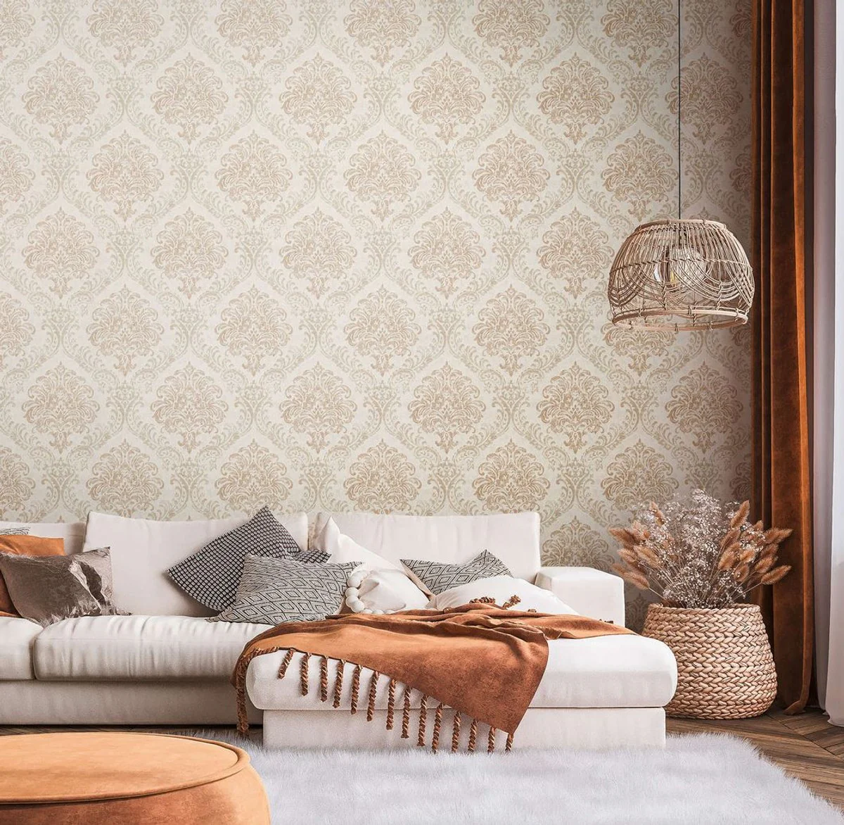 Barock Vliestapete Creme / Gold Metallic