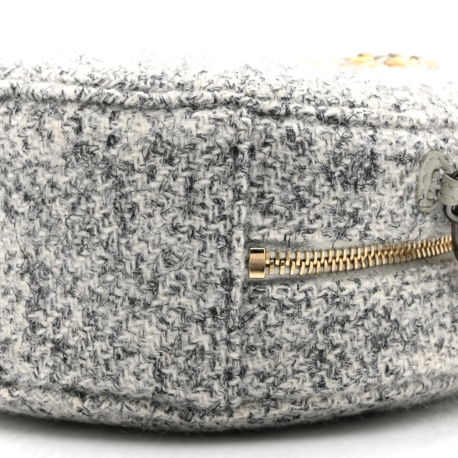 Wool Tweed Lambskin Quilted Chanel 19 Round Clutch With Chain Grey Ecru - Top Club