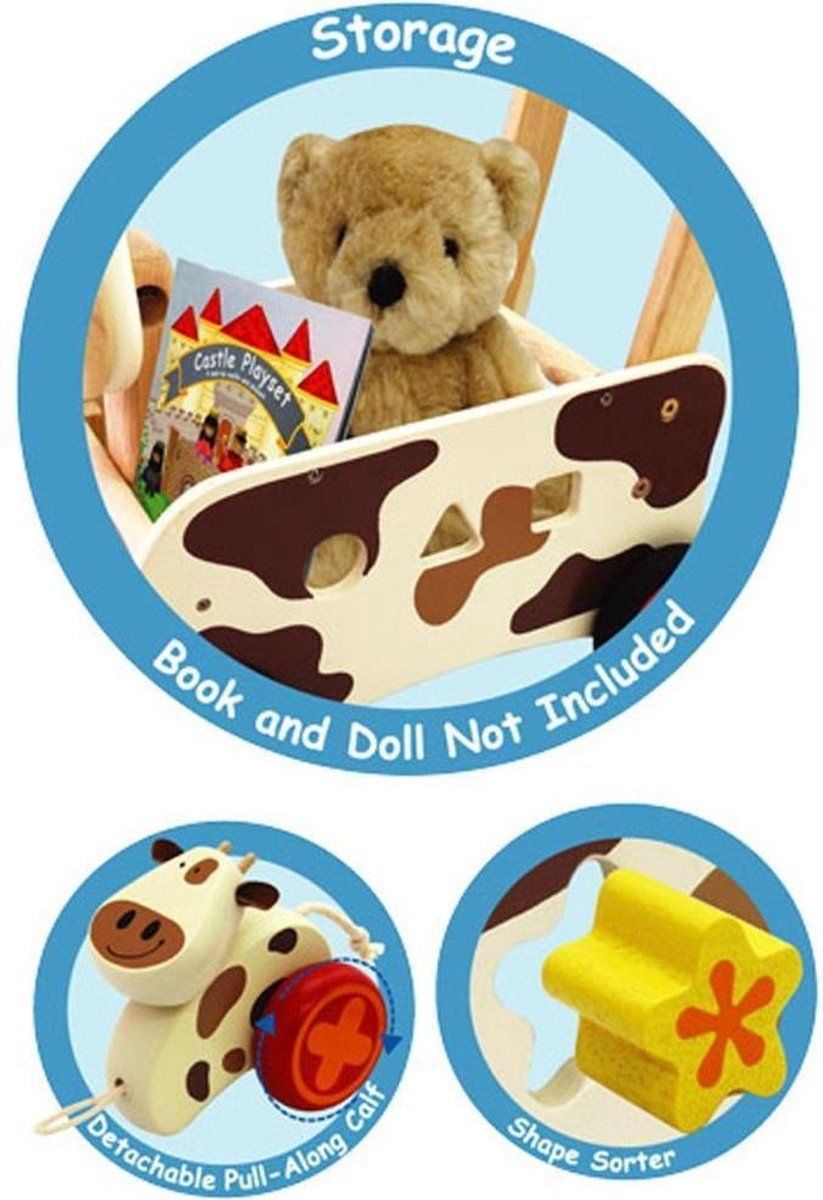 Speelgoed Duwwagen Koe bruin / wit met trekfiguur