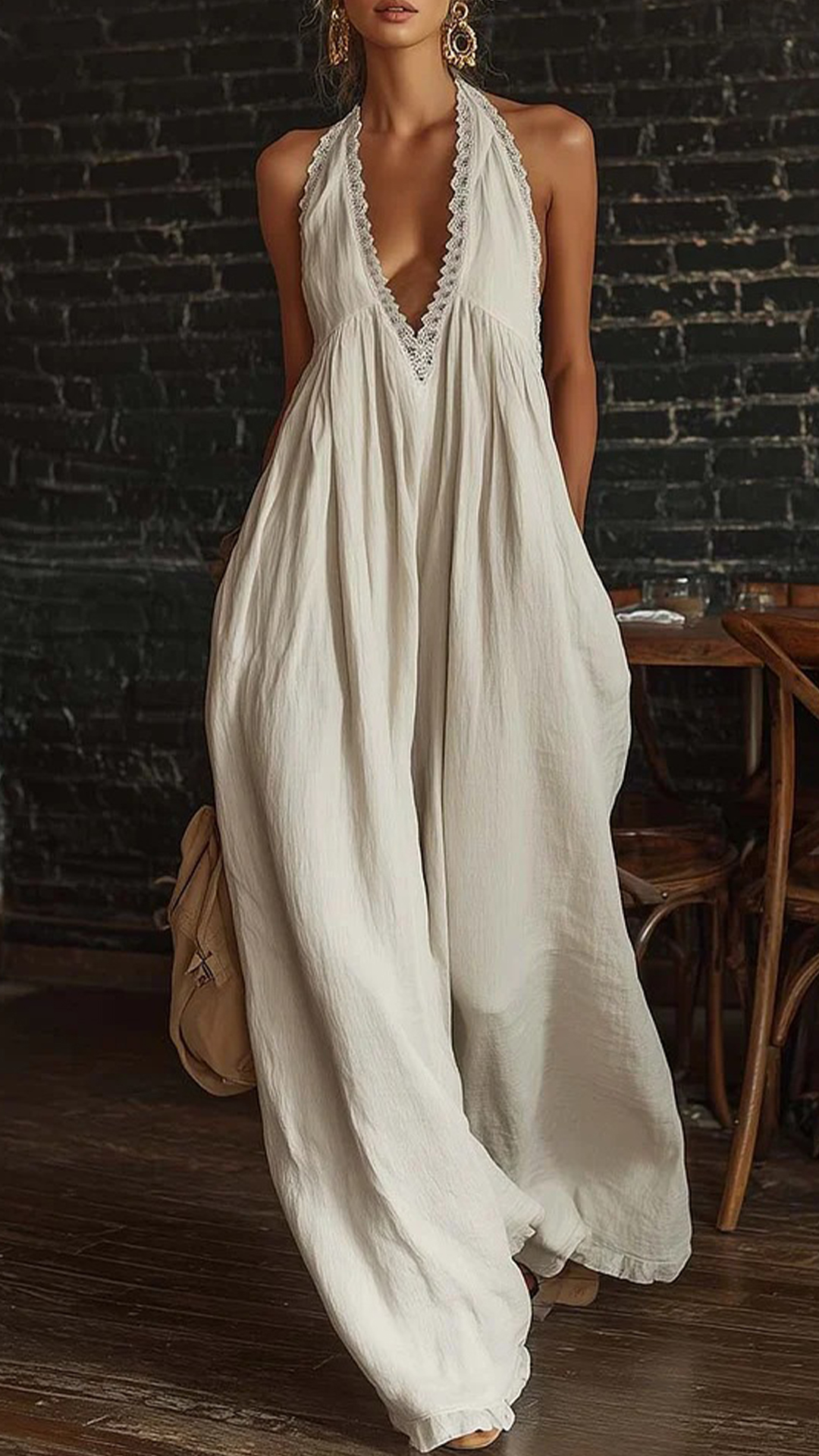 Women's Linen-Cotton Lace Halter Wide-Leg Jumpsuit - Nordfashionstorm - Women's Clothing, Fashion for You - Nordfashionstorm.com