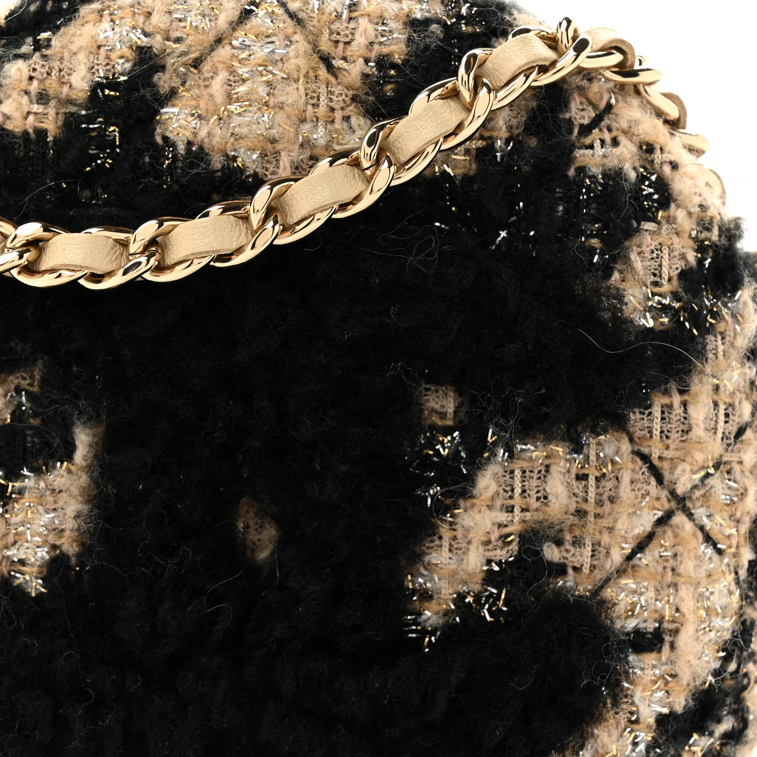 Tweed Shearling Round Clutch With Chain and Coin Purse Beige Black - Top Club