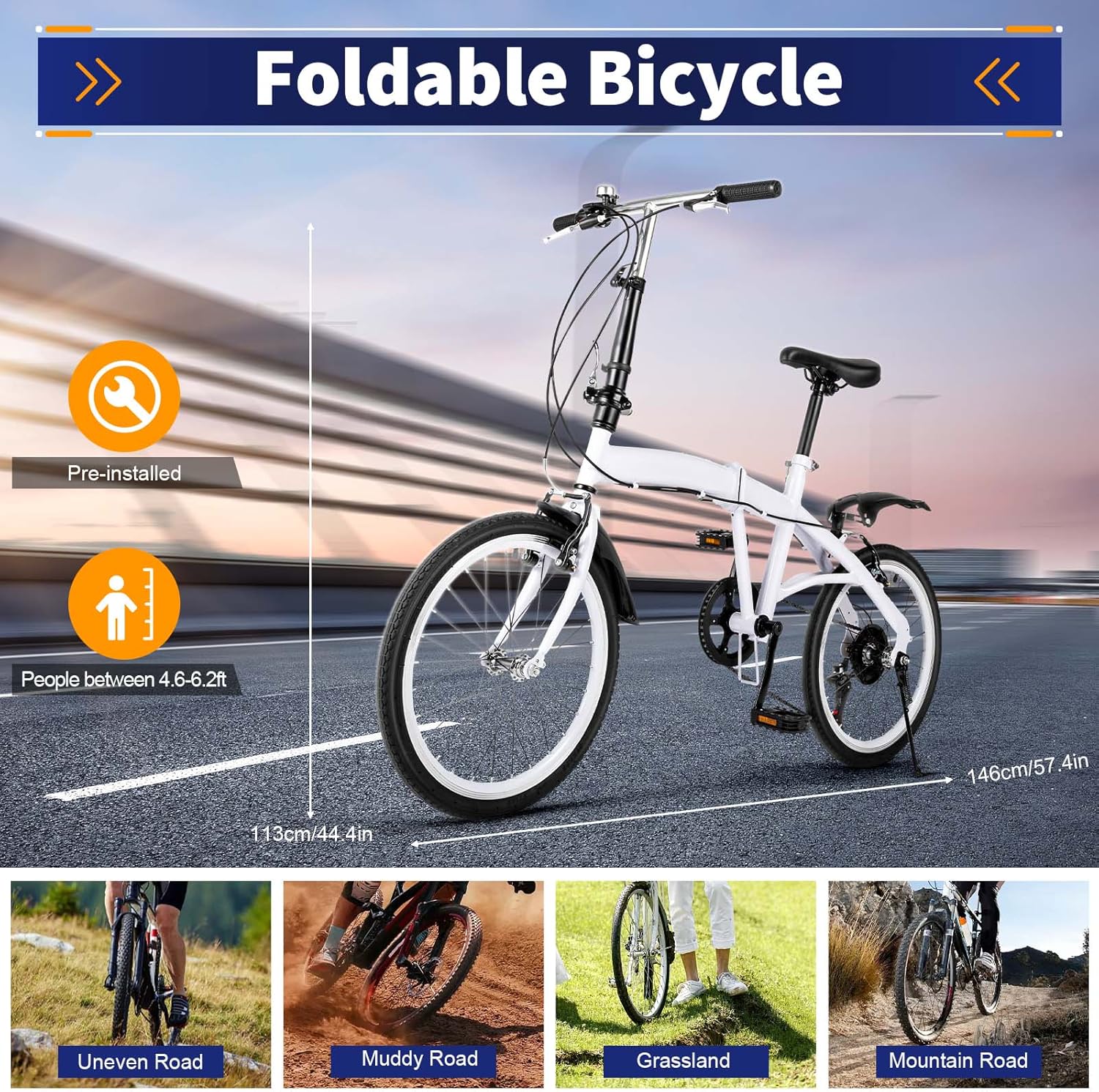 Bicicletta pieghevole da 20 pollici, 7 marce, capacità di carico 90 kg, ultraleggera, 13 kg, con doppio freno a V, pieghevole, per adulti, in acciaio cromato